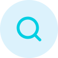 Magnifying glass icon in the center of a blue circle, surrounded by a white background icon