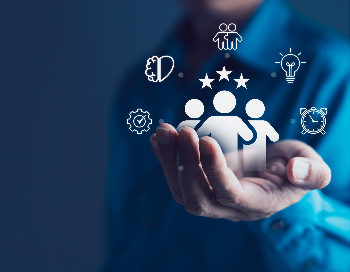 Man holding a tablet with icons on it, representing the five ways to improve customer service