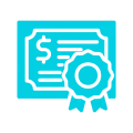 Blue icon of a certificate with a dollar sign on it, indicating that it is a certificate of appreciation icon