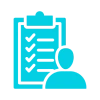 Blue icon of a person holding a clipboard with a checklist on it