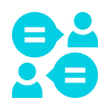 Group of people with speech bubbles above them, set against a white background